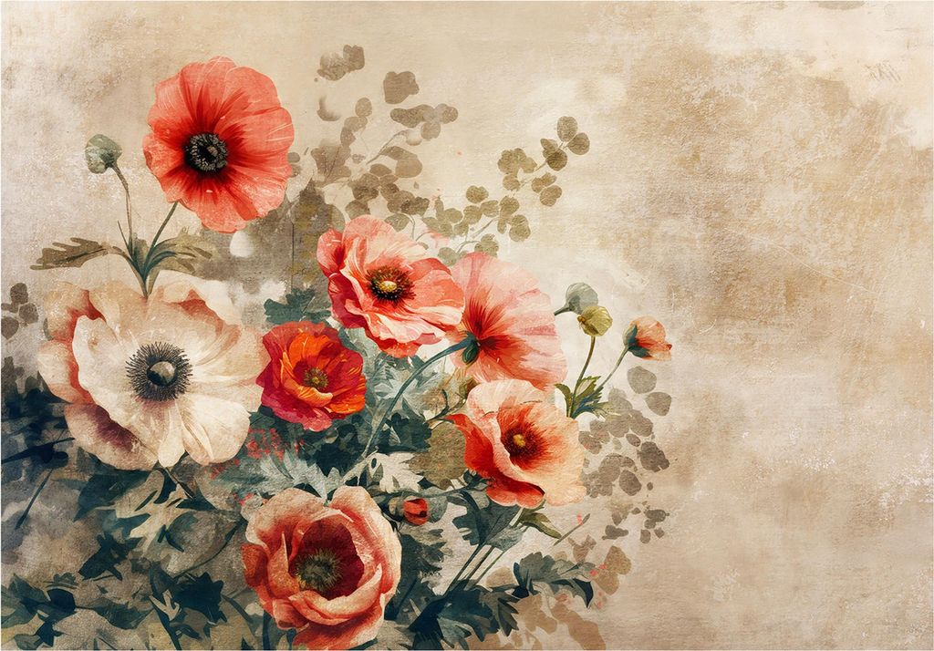 Fototapete Blumen Vintage Beige Betonwand - 400x280 cm - inklusive kleister - Vlies Tapete - Vliestapete Wohnzimmer Schlafzimmer Küche Modern Wand...