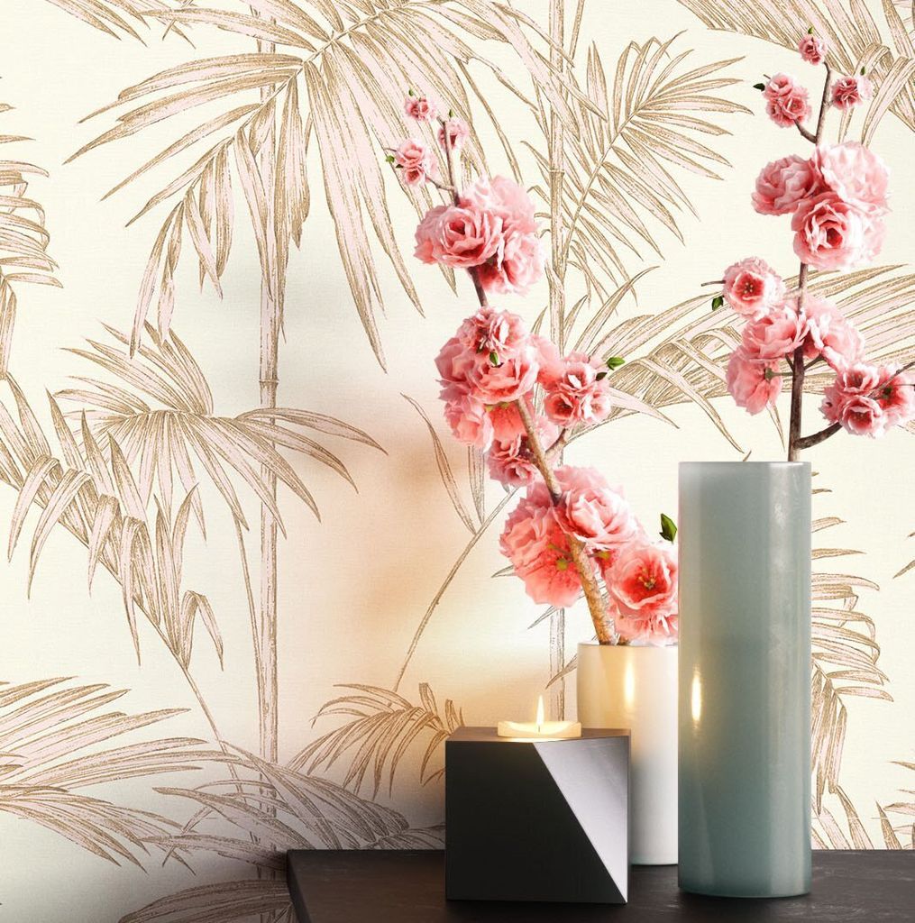 NEWROOM Tapete Beige Palmen - Natur Creme Rosa Blätter Floral