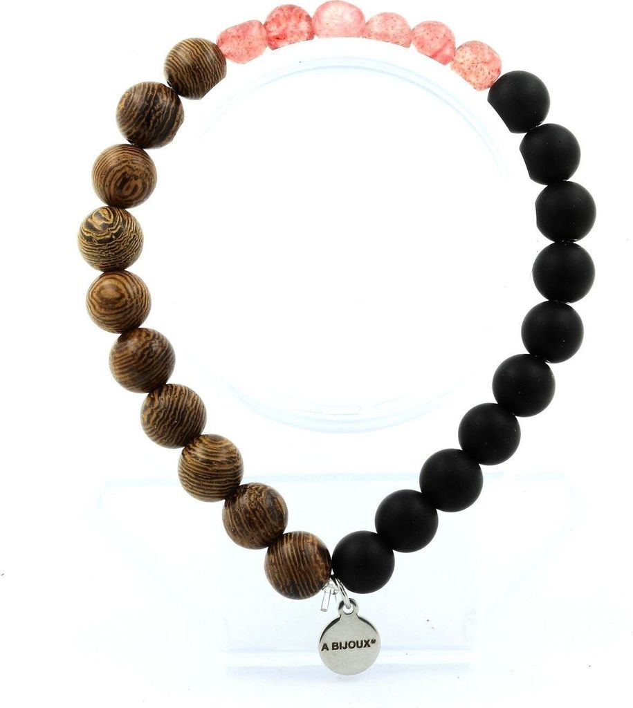 Erdbeerquarz-Armband aus Madagaskar + mattschwarze Onyxperlen + Holz 8 mm