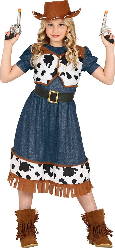 Cowgirl Abenteuer Westernoutfit Kostüm Karneval Kinder Hut Weste Kleid Stiefel Cowboy Party Fasching Stylisch Zeitlos Modisch, Größe: 128/134 Fa...
