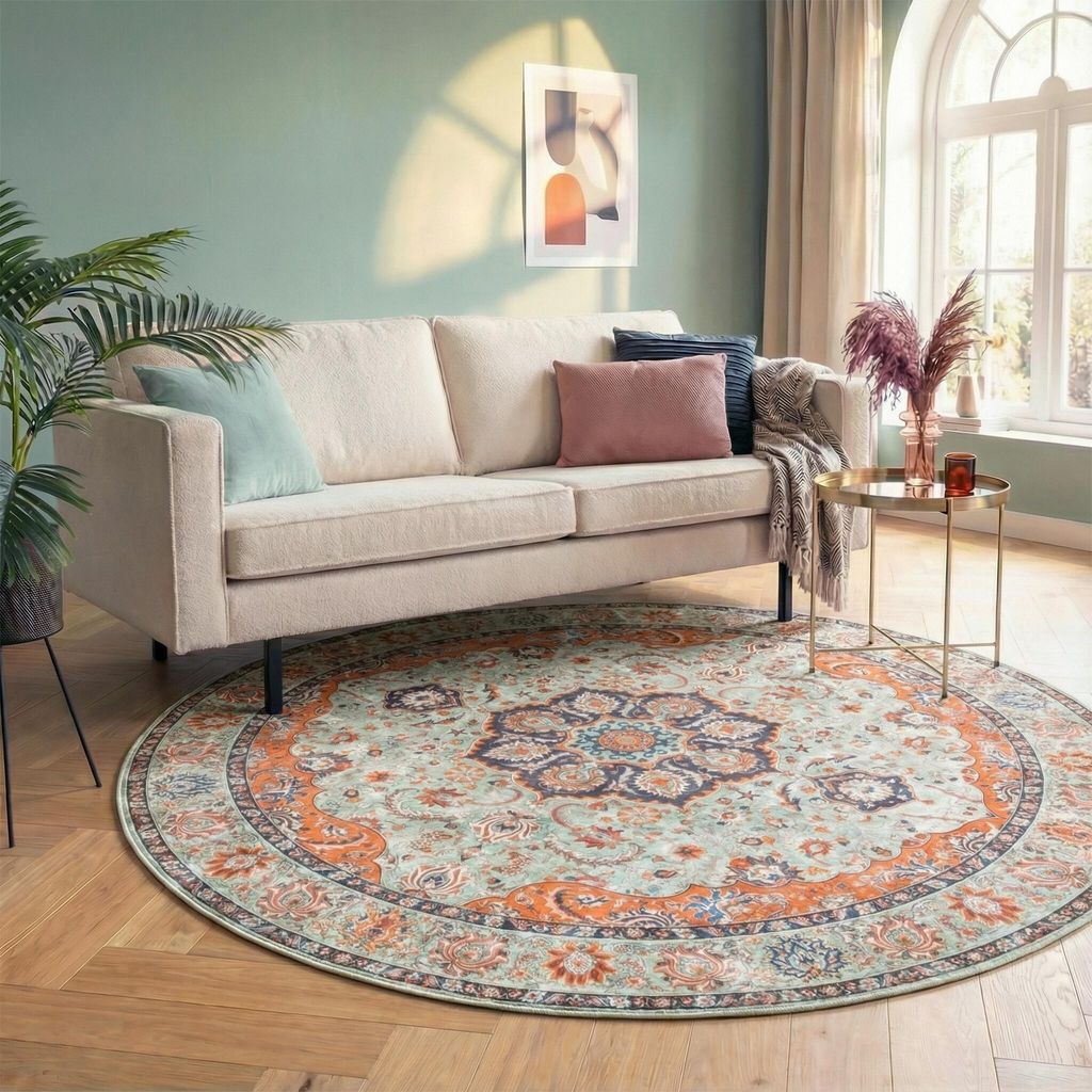 Volero - Teppich Vintage Rund - Imagine Medaillon Grün - Ø 240 cm - Wohnzimmer, Esszimmer, Schlafzimmer - Klassik, Orientalisch