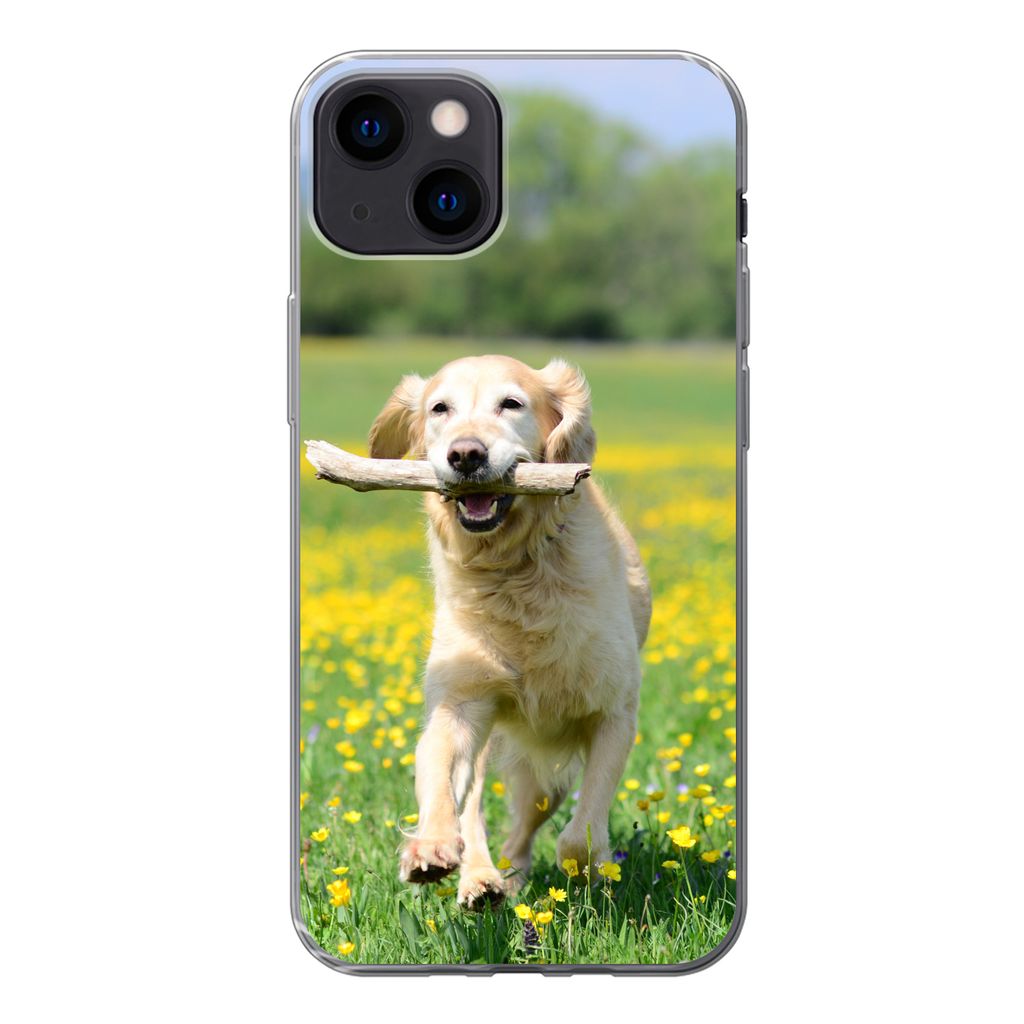 MuchoWow Handyhülle Schutzhülle Hülle für iPhone 13 Golden Retriever mit einem Zweig im Maul zwischen gelben Blumen Silikon Softcase Handy H...