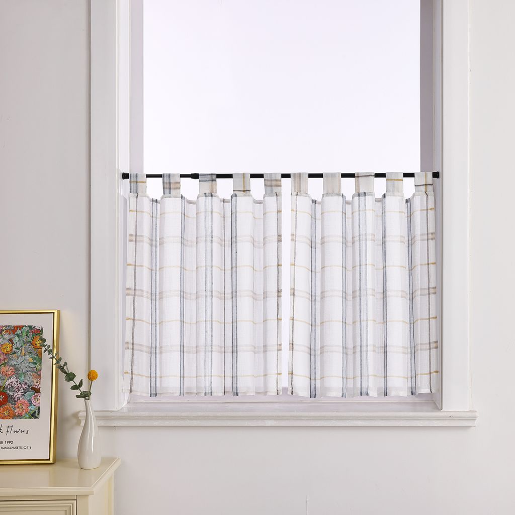 Joyswahl 2er Scheibengardinen mit Schlaufen Leinen Küche Gardinen Gitter-Kurzstores Bistrogardine landhausstil Transparent BxH 120x60 cm Blau 2 St...