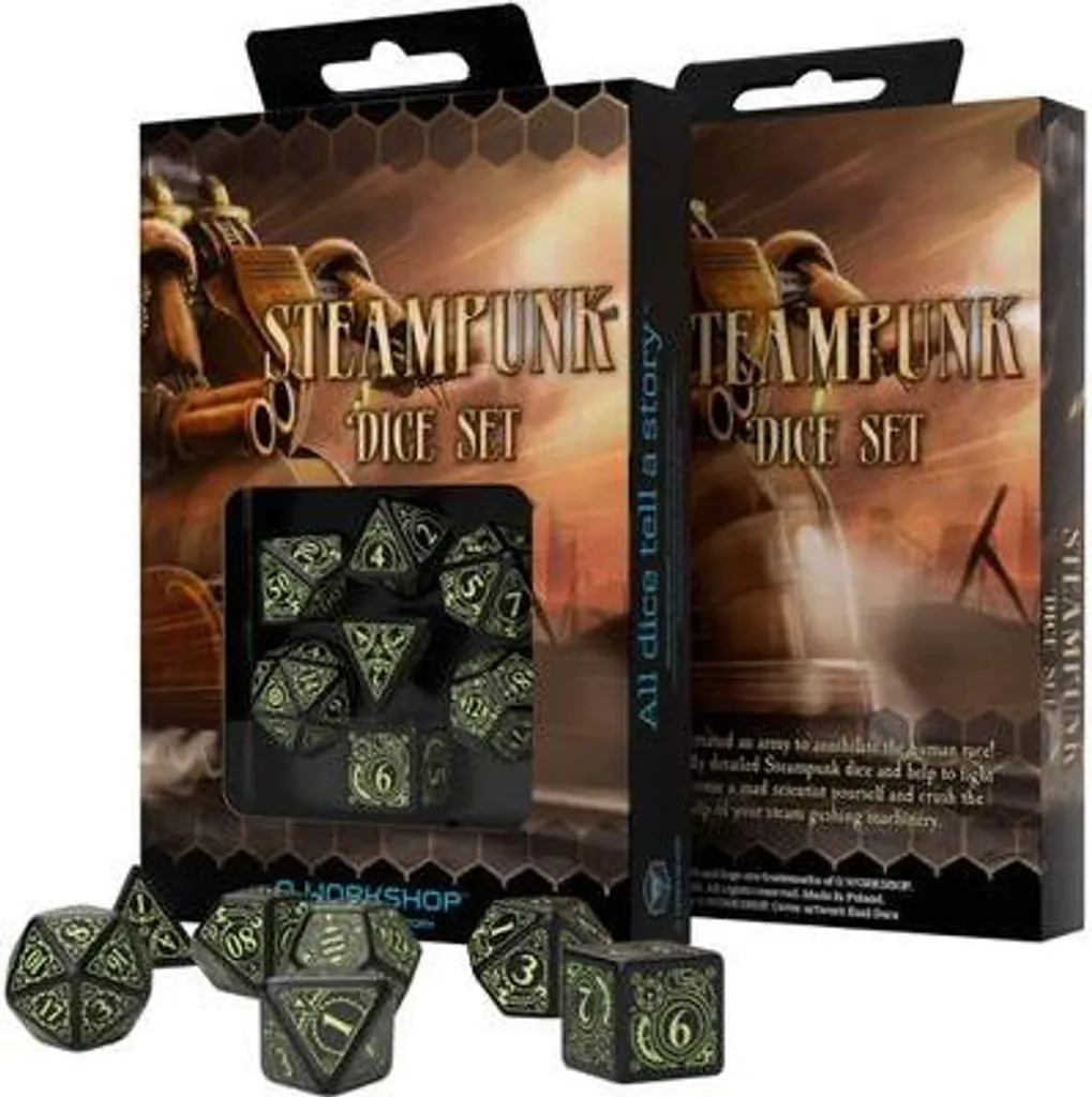 Set de 7 Dés Polyédriques Steampunk Noirs Phosphorescents pour JDR et JDP - 2