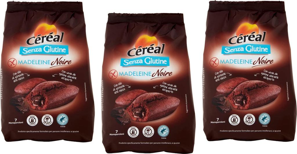 3x Céréal Madeleine Noire Senza Glutine Süßer Snack mit Kakaofüllung Glutenfrei 200g Beutel