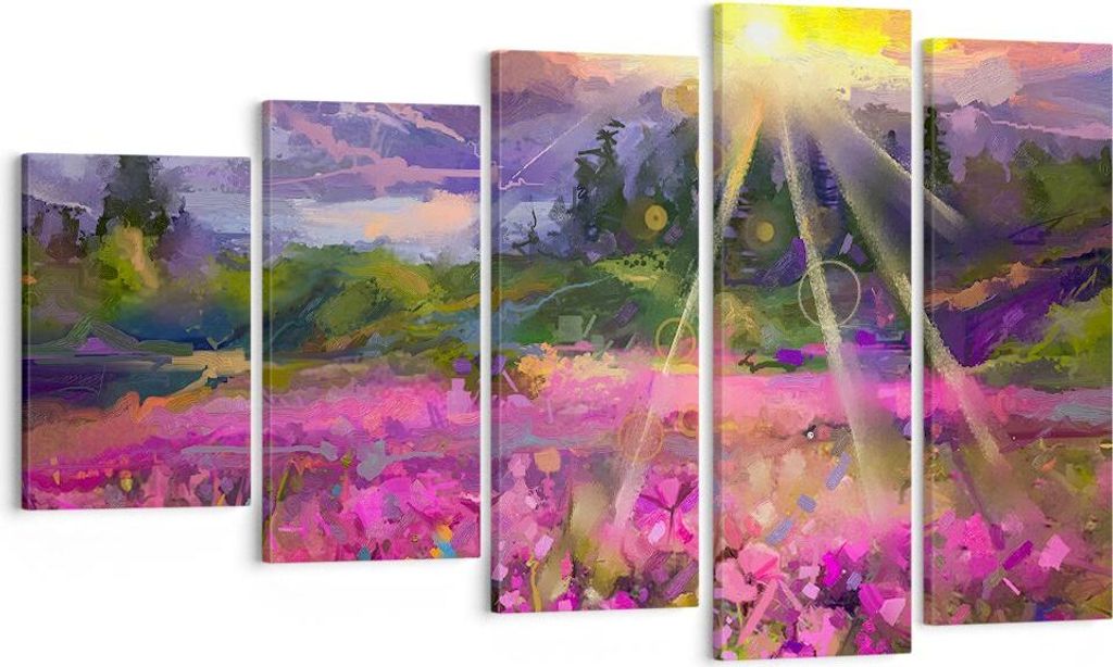 Bild auf Leinwand - Leinwandbild - Berge Blumen Blumen - 100x60cm - Wand Bild - Wanddeko - Leinwanddruck - Bilder - Kunstdruck - Wanddekoration - L...