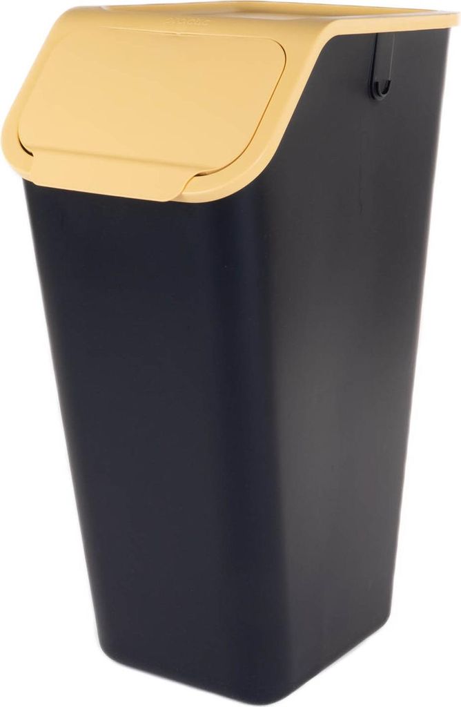 A black trash can with a yellow lid, shown against a white background.