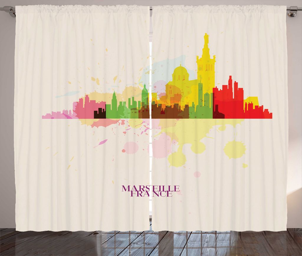 ABAKUHAUS Frankreich Rustikaler Gardine, Marseille Stadt Silhouette, Schlafzimmer Kräuselband Vorhang mit Schlaufen und Haken, 280 x 225 cm, Pale ...