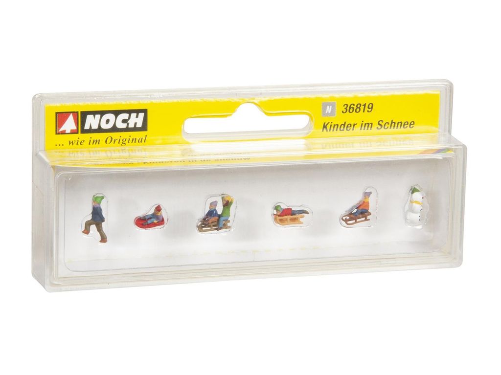 NOCH N Kinder im Schnee, Figuren-Set für Spur N, 6 Kinder mit Schlitten und Schneemann, ideal für Winterlandschaften