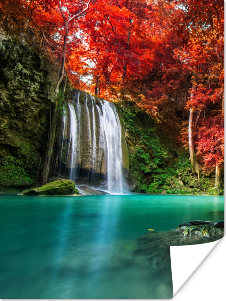 MuchoWow Poster Wasserfall - Baum - Rot - Herbst - Wasser 60x80 cm - Schlafzimmer Dekoration