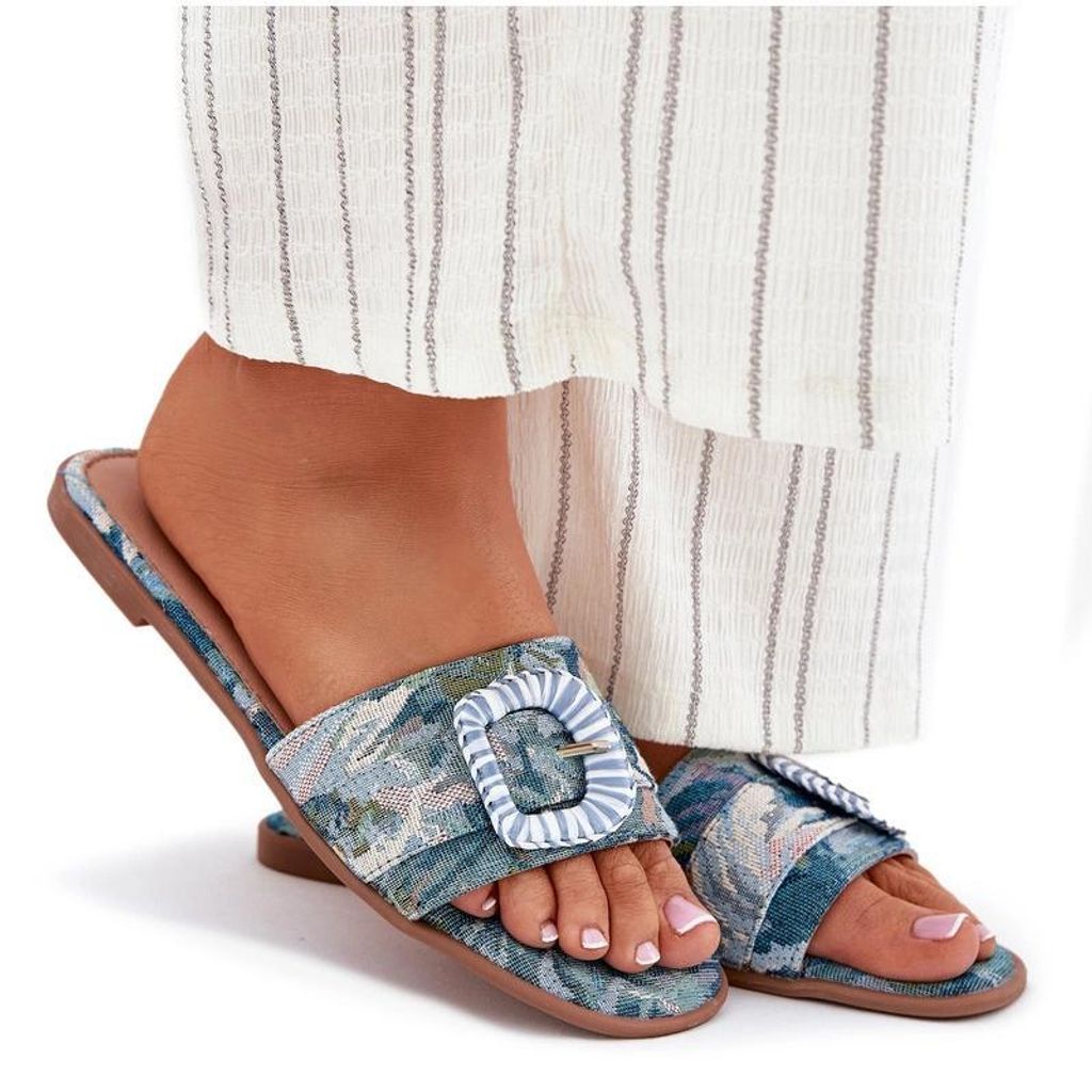 Flache Damen Sandalen Mit Dekorativer Schnalle Blau Clariola 36