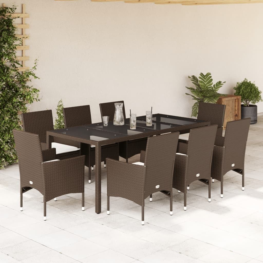 Maison Exclusive - 9-tlg. Garten-Essgruppe mit Kissen Braun Poly Rattan Glas
