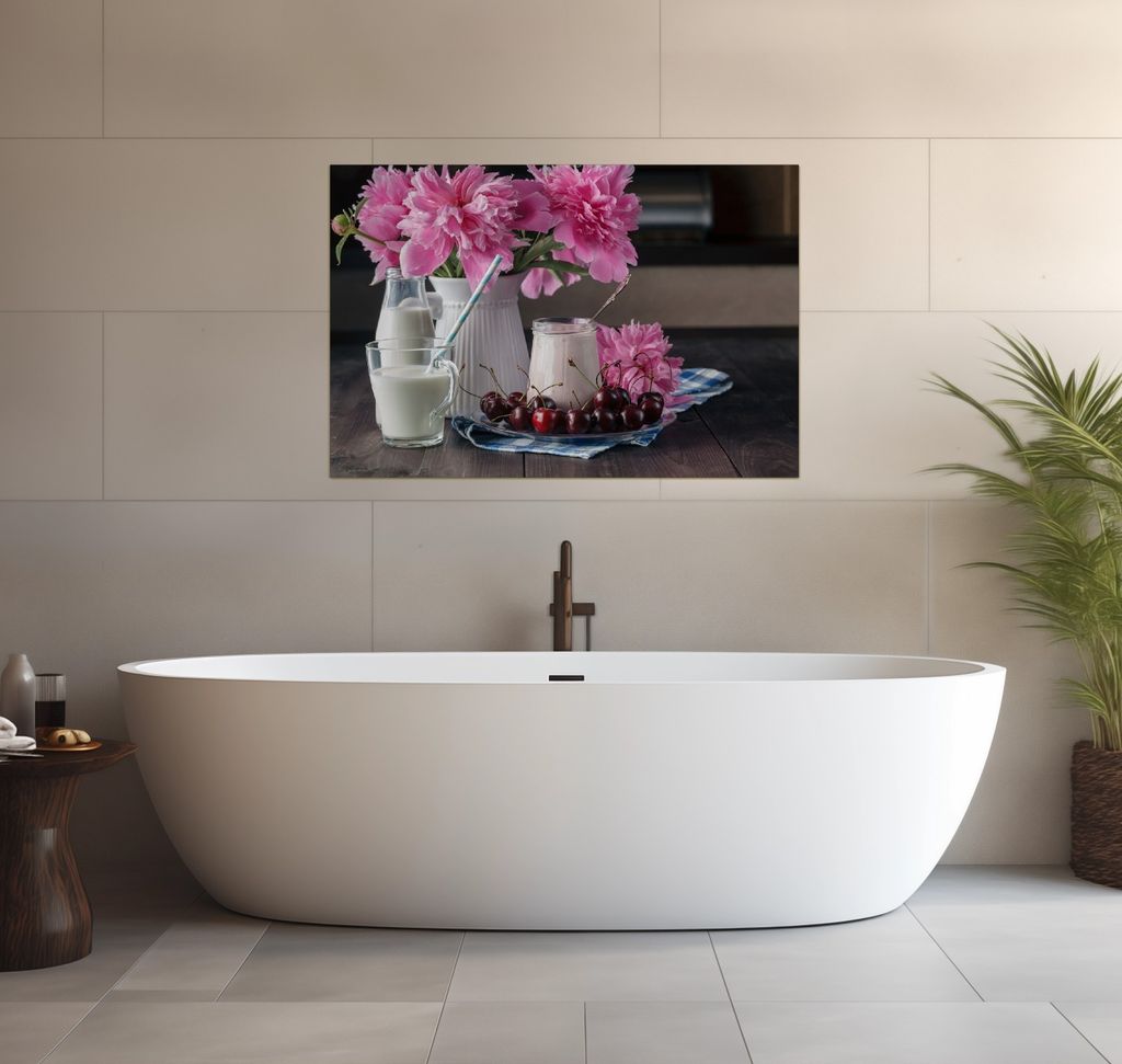 Wallario wasserfestes Poster selbstklebend 91,50 x 61 cm, Milch mit Kirschen zum Frühstück mit rosa Blumenarrangement, Badezimmerposter Spritzsch...