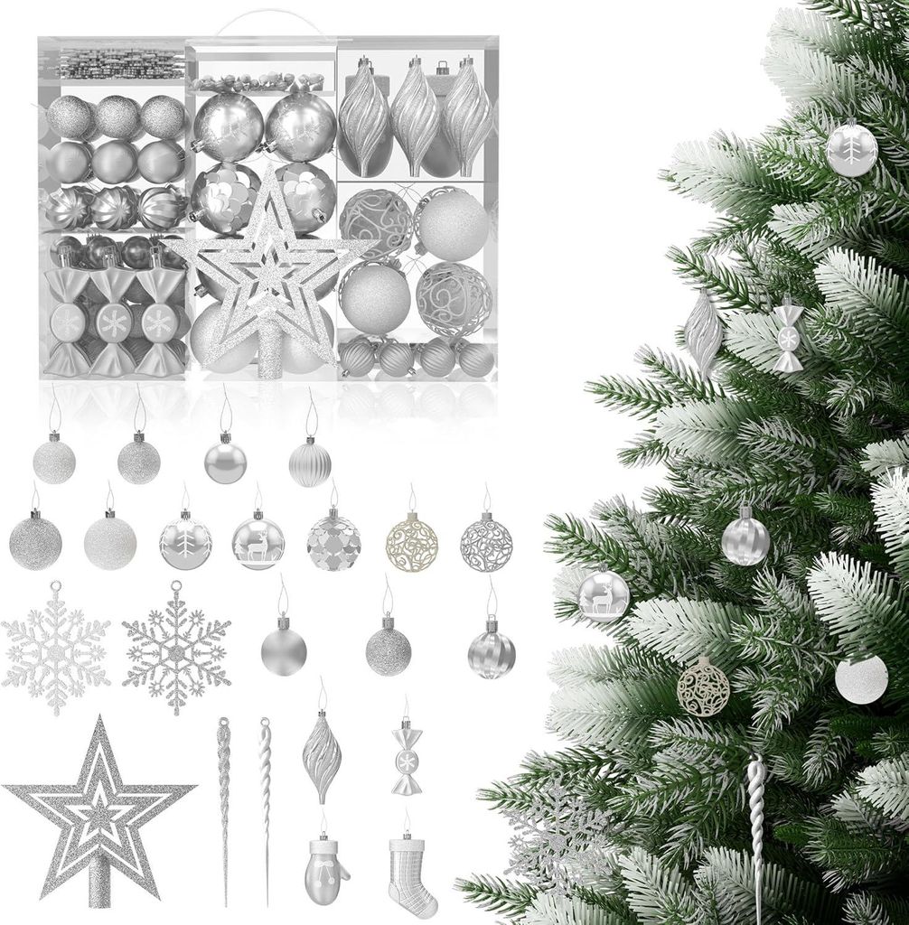 JOIEYOU Weihnachtskugeln Kunststoff 138er Christbaumkugeln mit Hängeseil, Christbaumschmuck inkl. Baumspitze Stern, Handschuhe, Socken, Bälle, Zu...