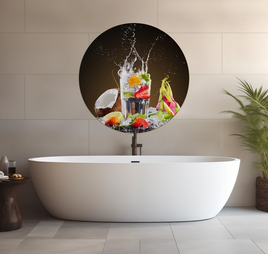 Wallario wasserfestes Poster selbstklebend 90 x 90 cm, Tropische Früchte in einem erfrischenden Drink, Badezimmerposter Spritzschutz mit Hochglanz...