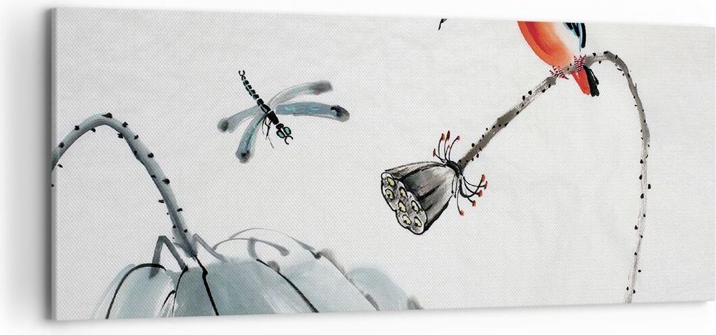 Bild auf Leinwand - Leinwandbild - Einteilig - Libelle Vogel Blume - 120x50cm - Wand Bild - Wanddeko - Wandbilder - Leinwanddruck - Bilder - Wandde...