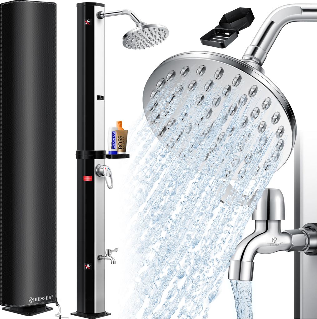 KESSER Solardusche 40- 60 Liter Solar Gartendusche | warmes Wasser | max. 60°C | Inkl. Metall-Duschablage & Schutzhaube | Pooldusche Camping| Re...