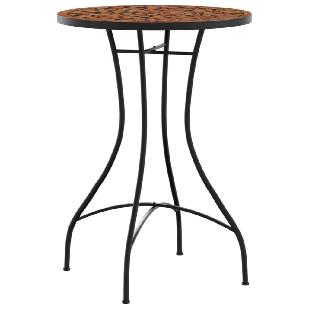 A round mosaic bistro table with a black metal base.