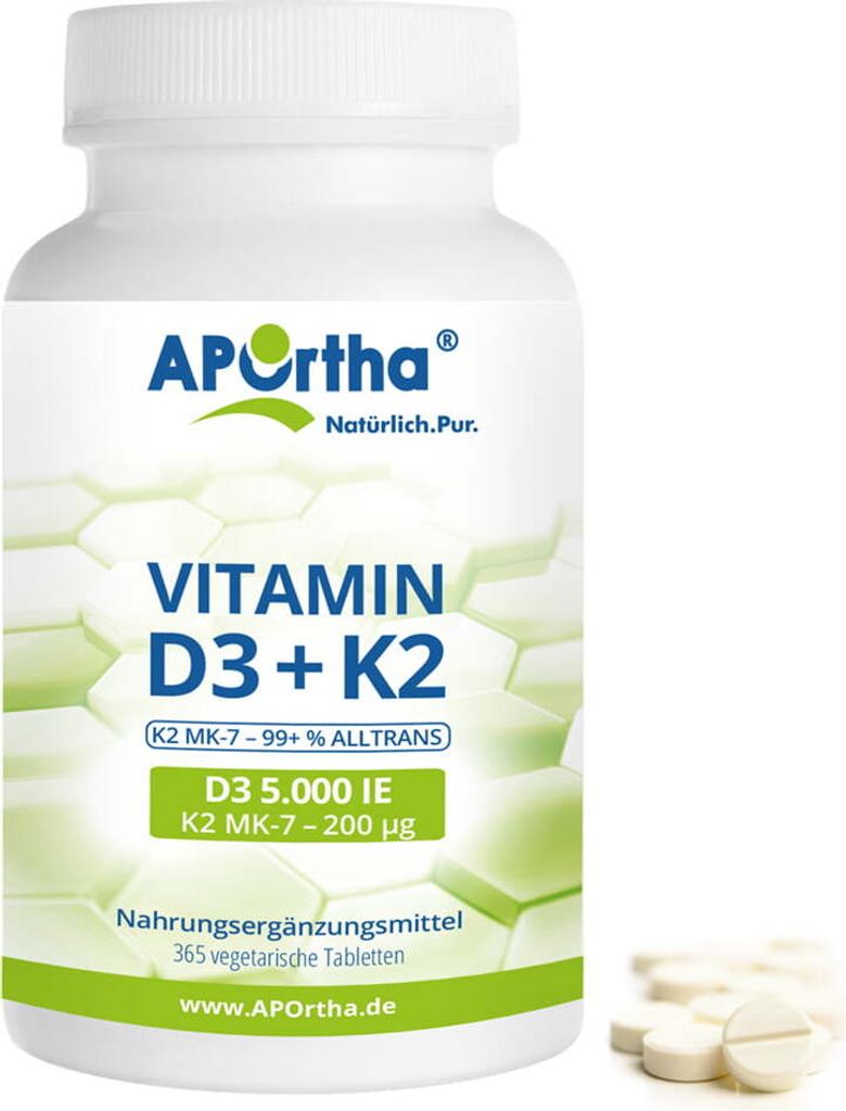 Vitamin D3 5.000 IE + Natto Vitamin K2 MK-7 Cyclo 200 μg - 365 vegetarische Tabletten | Familienpackung