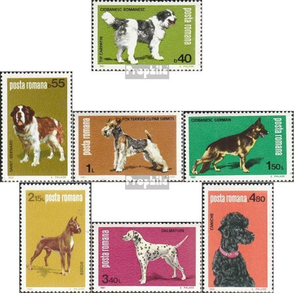 Briefmarken Rumänien 1981 Mi 3762-3768 (kompl.Ausg.) postfrisch Nationale Hundeausstellung Canina-Rassehunde