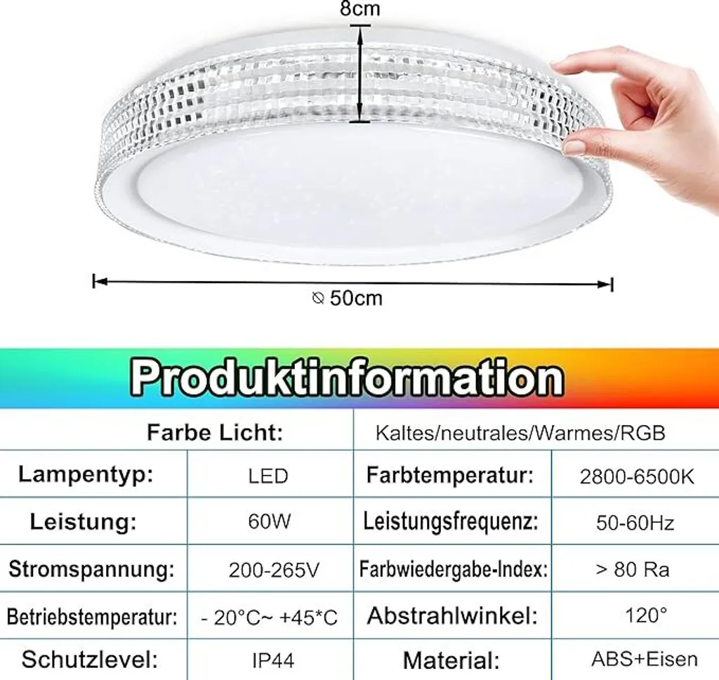 Plafonnier LED RGB IP44 60W - Éclairage Dimmable avec Télécommande 50cm - 2
