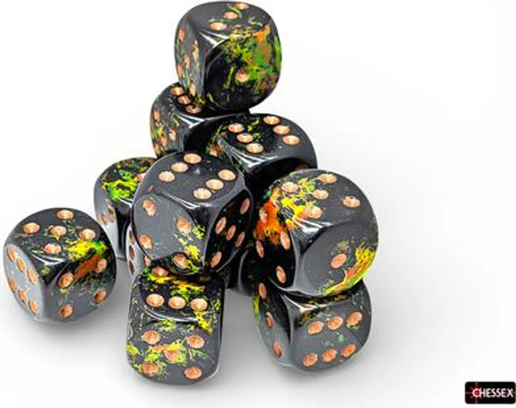 Dés à jouer D6 Chessex 16mm Brush Deep Forest vert et or par 12