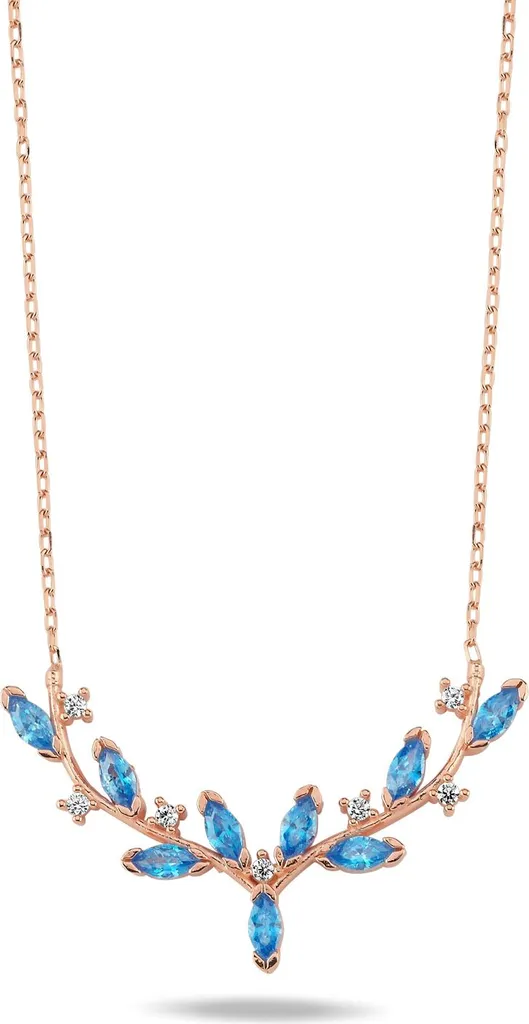 Collier Argent Bicolore Or Rose avec Aigue-marine, Motif Lierre Travaillé