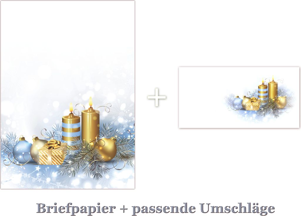 100 Blatt Briefpapier DIN A4 + 100 Stück Umschläge 5051 Weihnachten goldene Kerzen Kugeln Motivpapier / Premium Briefumschläge DIN lang (110 X 2...