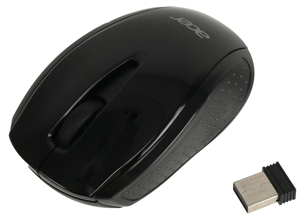 A black wireless computer mouse and its USB receiver are shown on a white background.