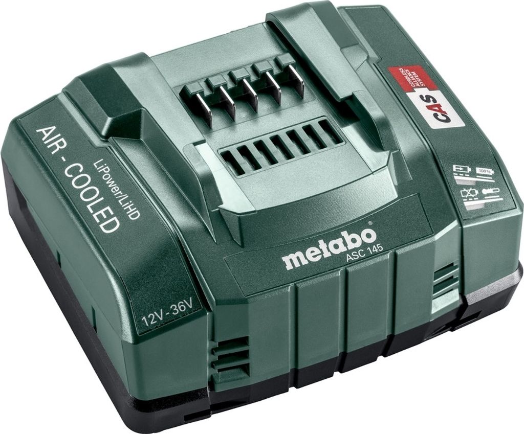 A Metabo ASC 145 battery charger is shown from a slightly elevated angle against a light gray background.