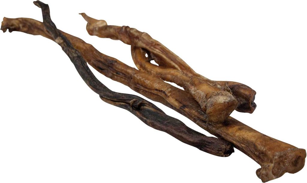 Two dried animal chews, likely for dogs, are arranged diagonally on a white background.