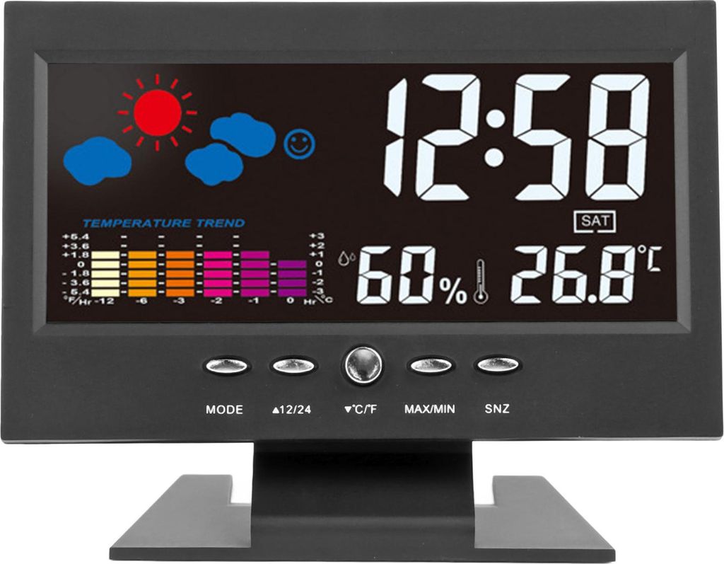 Elektronischer Wecker Schwarz Bunte Anzeige Luftfeuchtigkeit Temperatur erkennen Ton aktiviert Wecker für Schlafzimmer Nachttisch