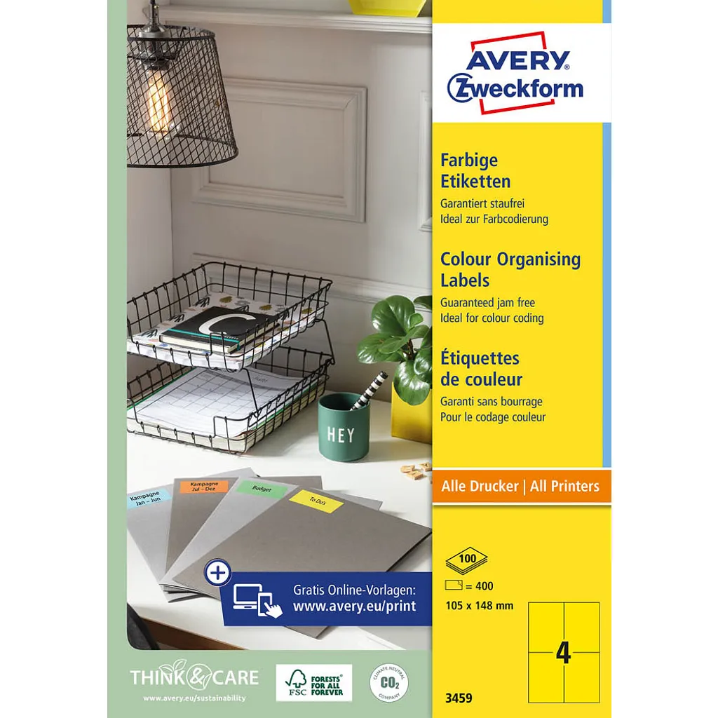 Avery 3459 Etichette Gialle A4 105x148mm - 400 Pezzi per Ufficio - 23