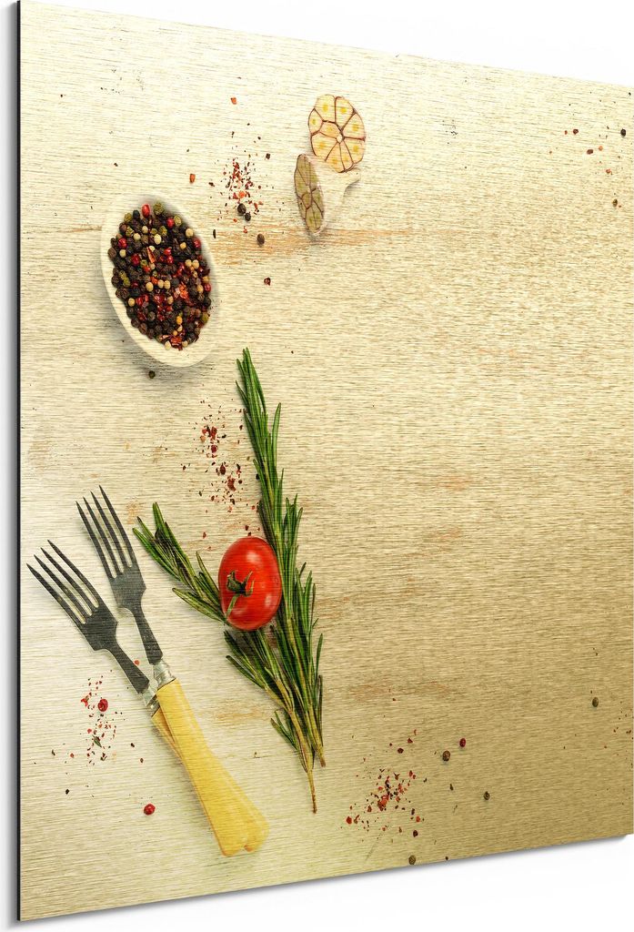 DEQORI Alu-Dibond Bild Gold 50x50 cm 'Küchenkräuter und Gewürze' Wandbild Metall dünn