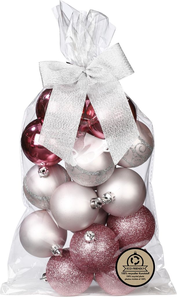 Weihnachtskugeln Kunststoff im Geschenkbeutel 6cm 16er Set - Rosa Mix