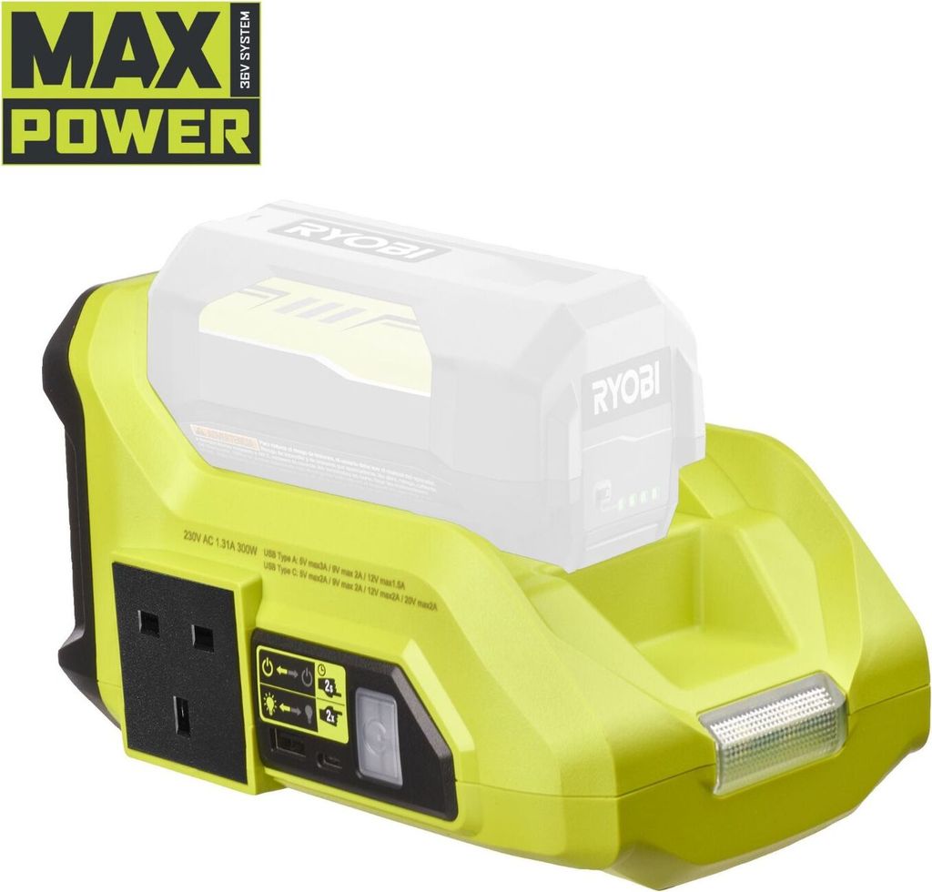 RYOBI Akku-Wechselrichter RY36BI300A-0 300W, mobile Stromquelle, Inverter, USB A- und USB C-Anschluss