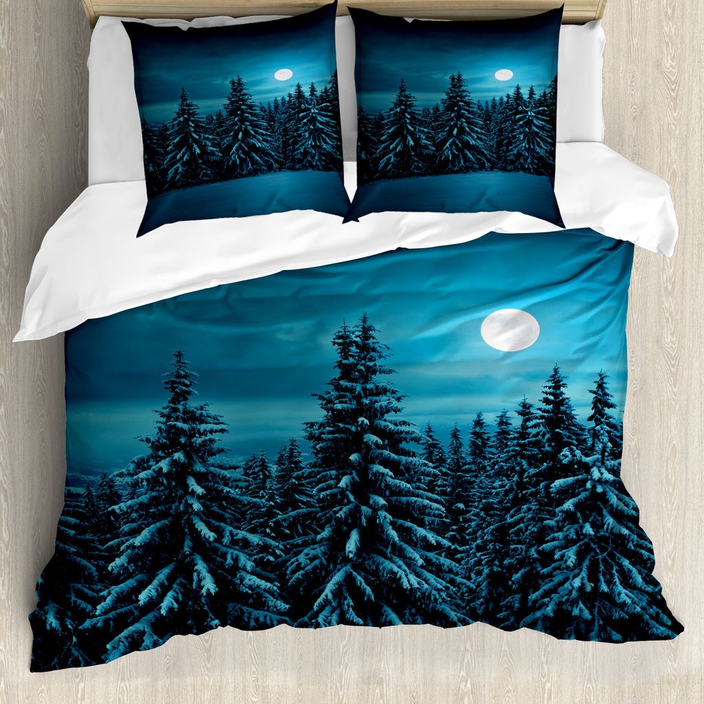 ABAKUHAUS Nacht Bettbezug, Ruhige Snowy Woodland, Milbensicher Allergiker geeignet mit Kissenbezügen, 200 cm x 200 cm - 80 x 80 cm, Turquoise Teal...