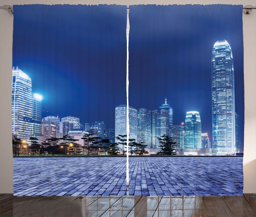 ABAKUHAUS Städtisch Rustikaler Gardine, Hong Kong Skyline Nacht, Schlafzimmer Kräuselband Vorhang mit Schlaufen und Haken, 280 x 225 cm, Königsblau