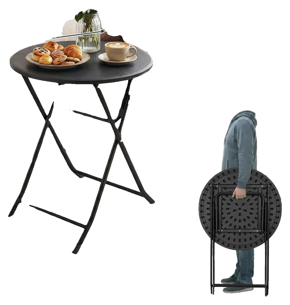 Table portable ronde 60 cm noire stable et pliable en acier renforcé