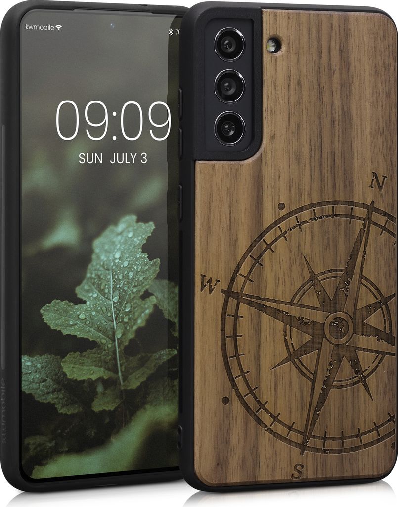 kwmobile Hülle kompatibel mit Samsung Galaxy S21 FE Hülle - Holz Case - Handy Cover - TPU Handyhülle in Dunkelbraun Kompass Vintage