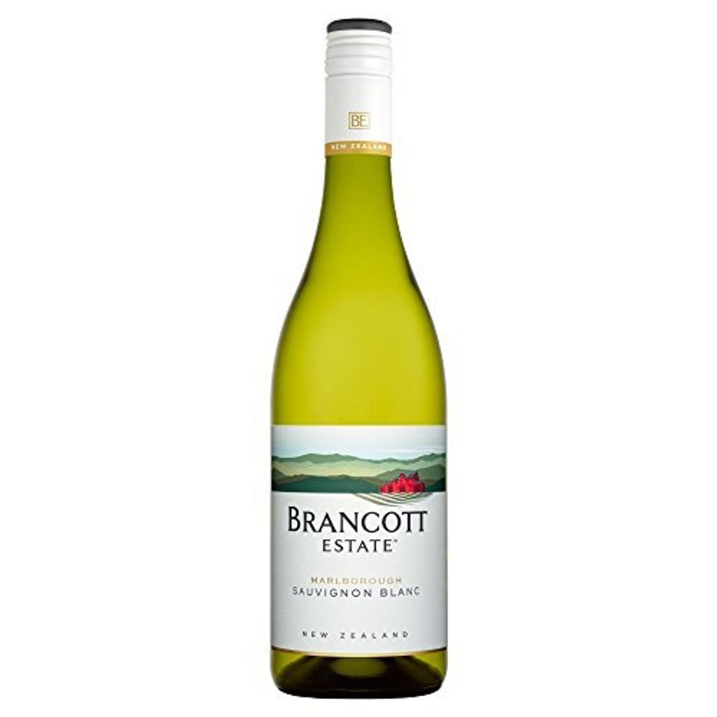 A bottle of Brancott Estate Sauvignon Blanc wine.