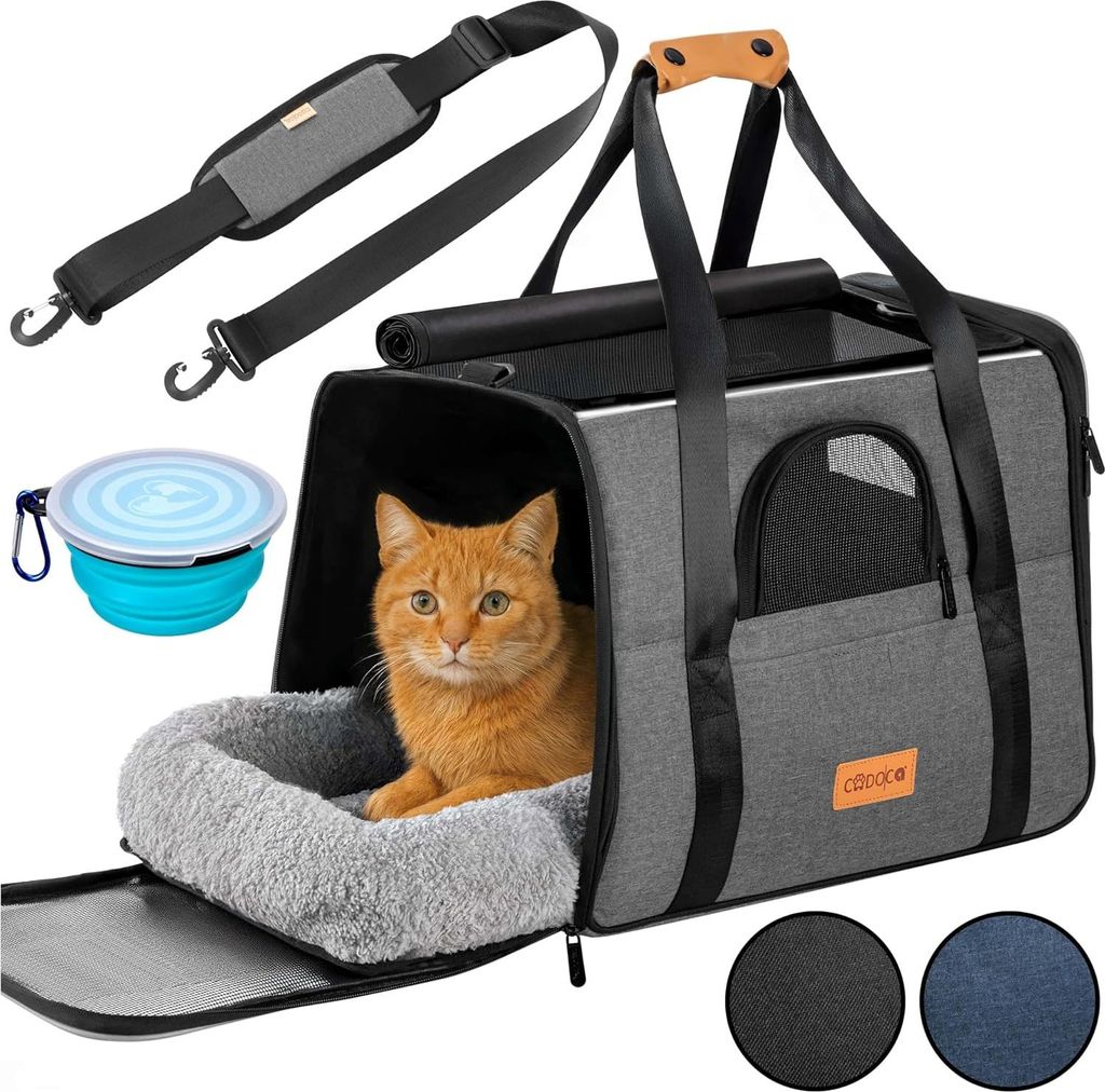 CADOCA Transportbox Katzen bis 20kg faltbar Sonnen- und Regendach Schultergurt mit Napf Atmungsaktiv Komfortabel Wendekissen Haustier Katzenbox T...