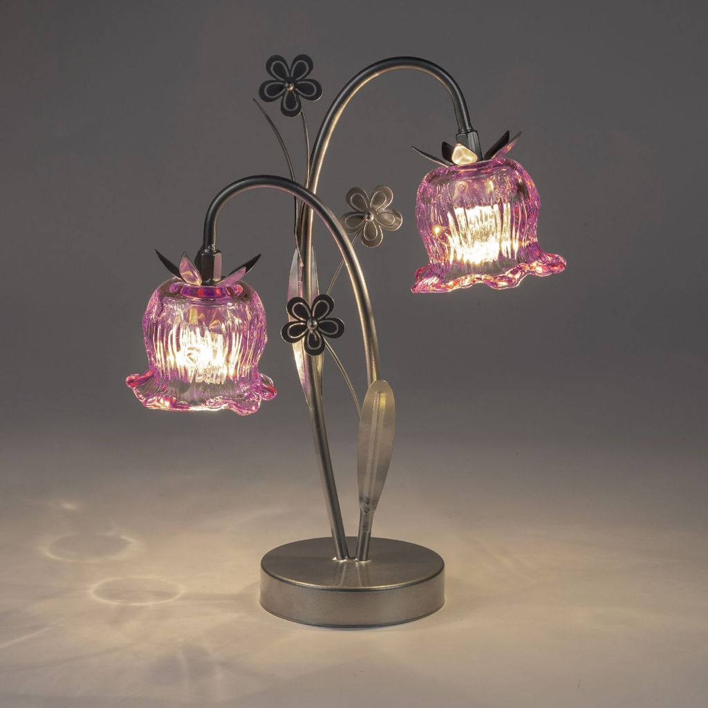 LED Lampe Blume mit 2 Blüten H. 36cm rosa mit Timer Metall Produktbild 