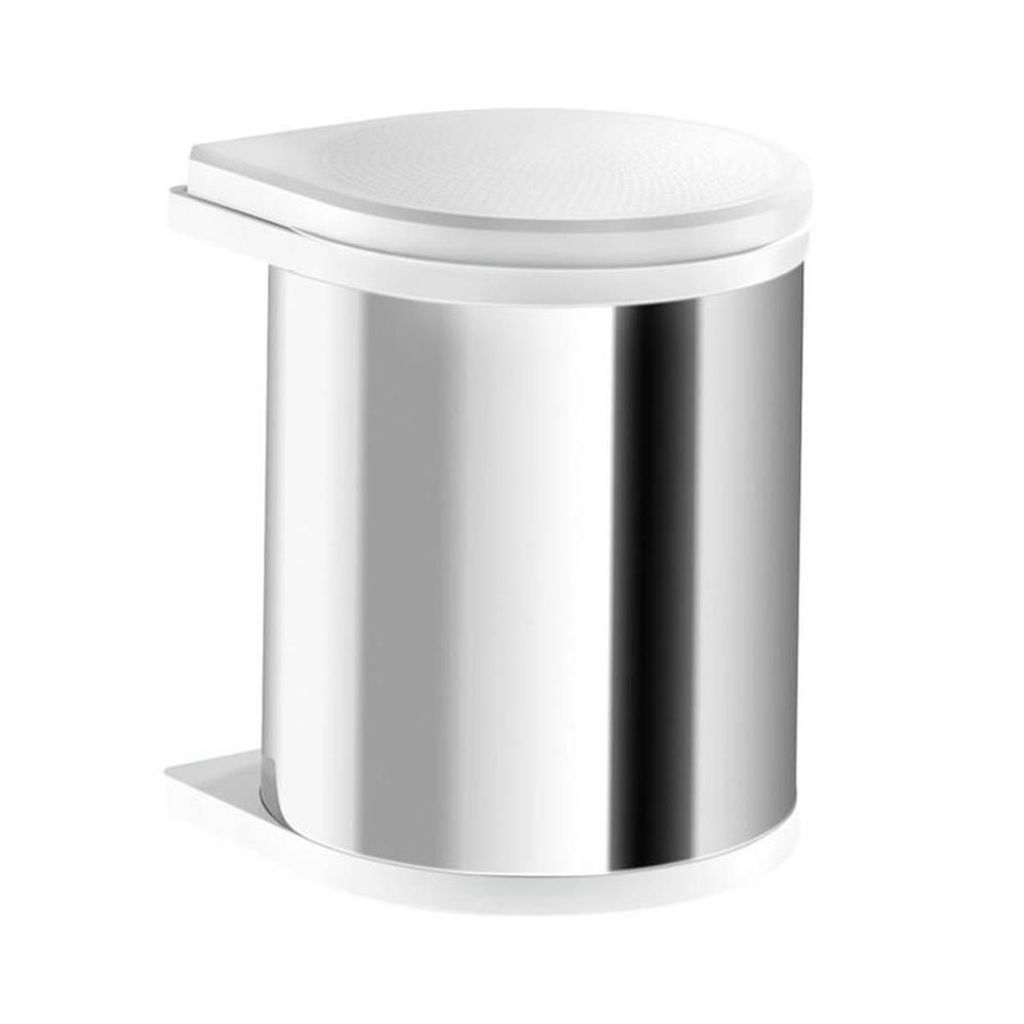 A product shot of a white and stainless steel trash can.