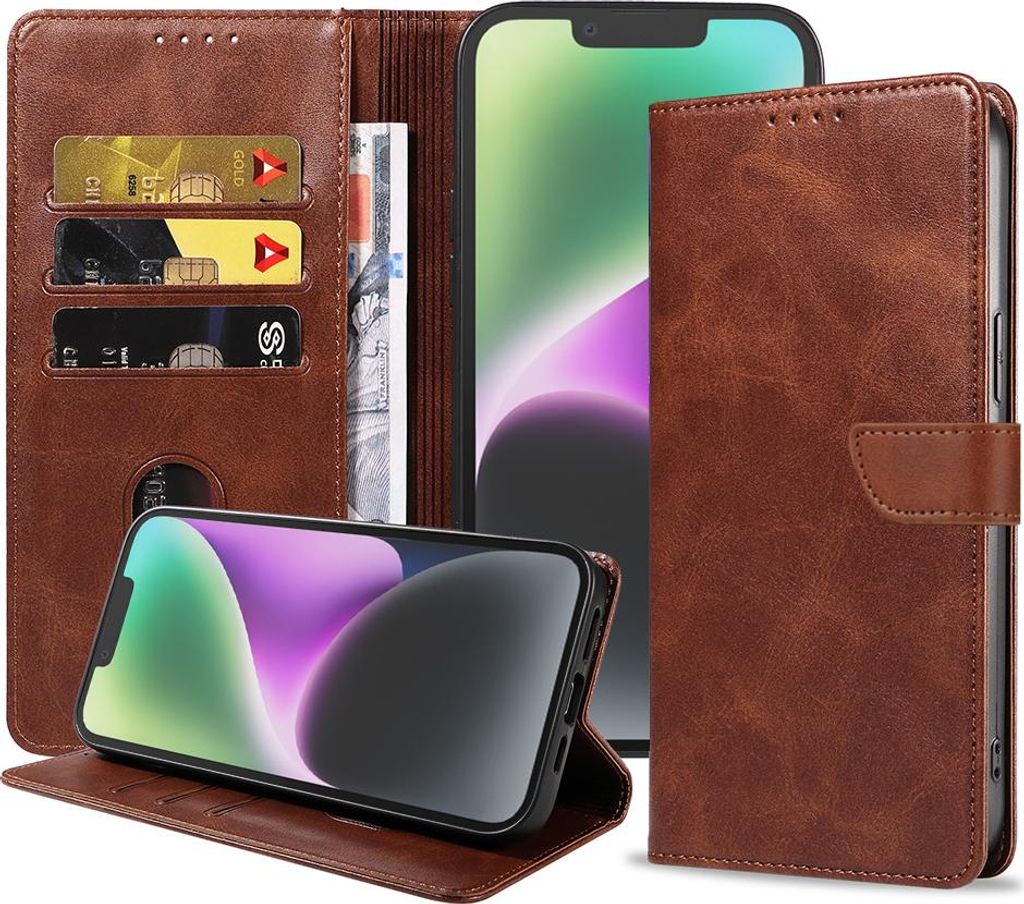 Passend für iPhone 14 Handytasche Kunstleder mit magnetischer Lippe und Kartenhalter Buchhülle mit Klappe - Dunkelbraun - Smartphonica