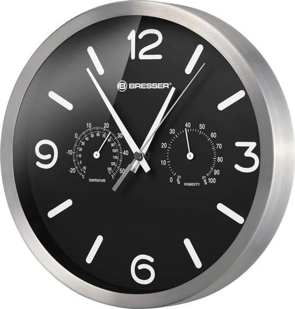Orologio radiocontrollato con movimento radio silenzioso, alloggiamento in acciaio inox e display per temperatura e umidità, nero, 250 x 250 mm