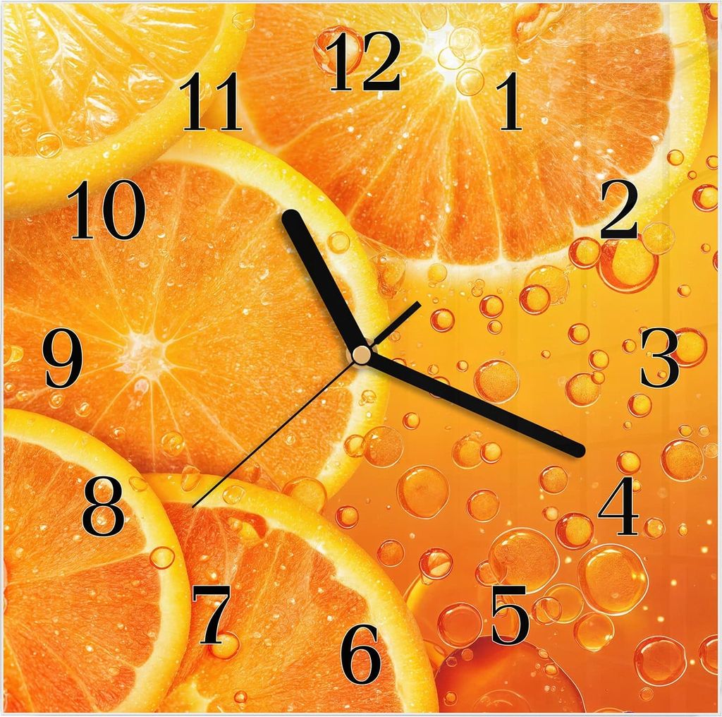 Wanduhr aus Glas mit Motiv Erfrischende Orange- 30 x 30 cm - inkl. Aufhängesystem