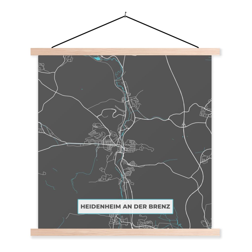 MuchoWow Textilposter Karte - Stadtplan - Heidenheim an der Brenz - Deutschland - Blau 40x40 cm mit holzfarbenen Rahmen - Posterleiste