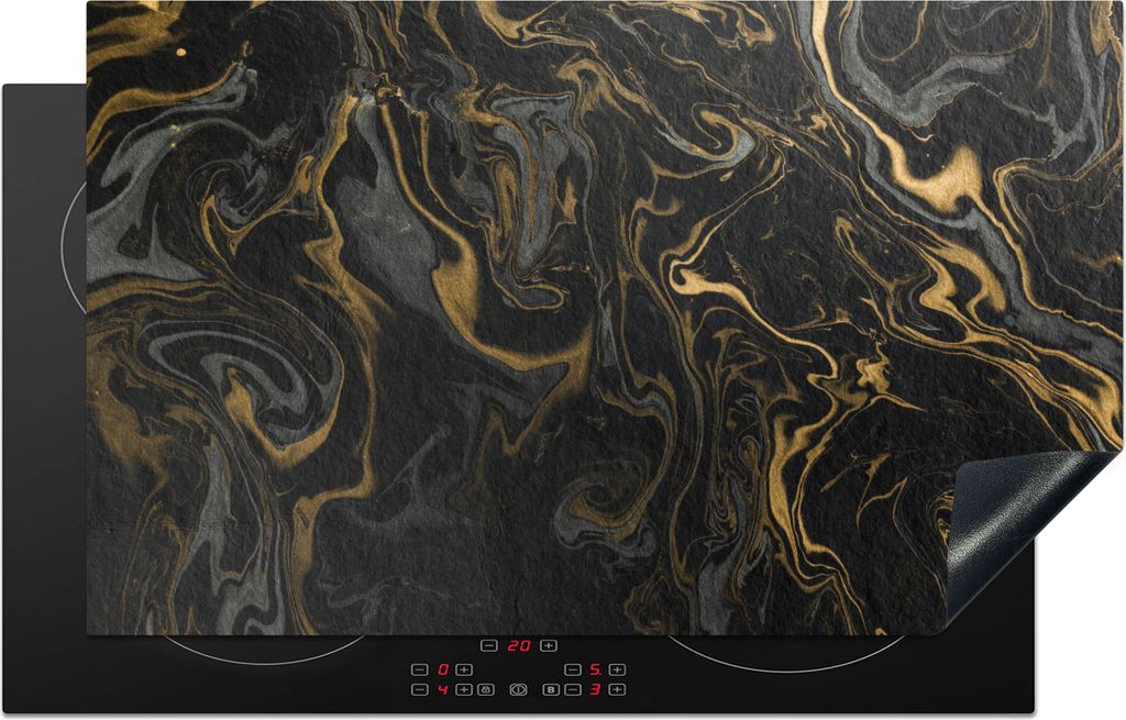 KitchenYeah Herdabdeckplatte Marmor - Textur - Grau - Gold - Marmoroptik - Luxus , 85x52cm, Küche Deko, Glaskeramikkochfeld Herdabdeckung, Abdec...