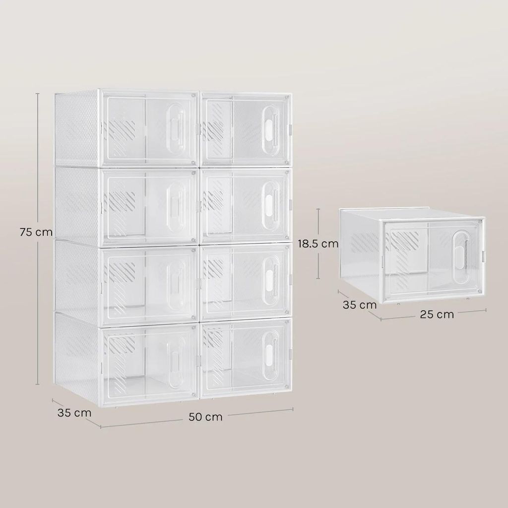 Schuhboxen - Stapelbare Aufbewahrungsboxen 8er-Set - Faltbar - Modular - PP-Kunststoff - 25×18,5×35,5 cm - Weiß